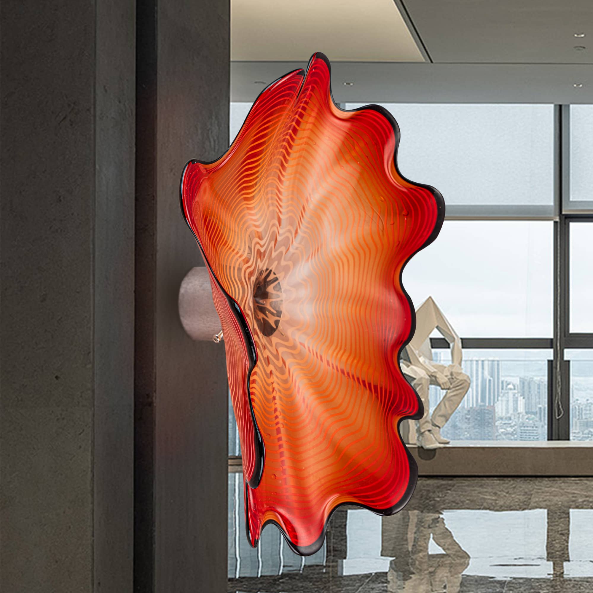 Red Blown Glass Wall Flower Sculpture Handmade Glass Wall Art Luxury Floral Wall Installation