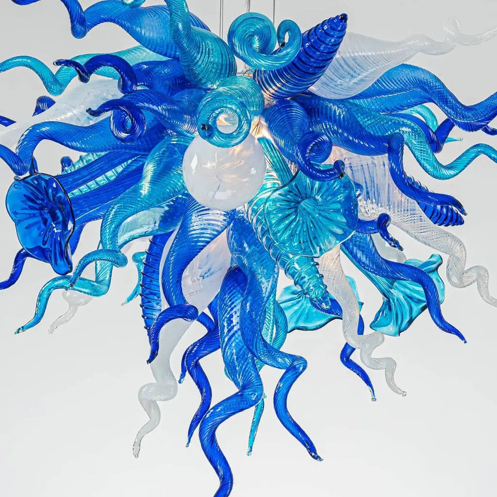 Murano Style Blown Glass Art Chandelier Blue & White Sea Anemone Pendant Light