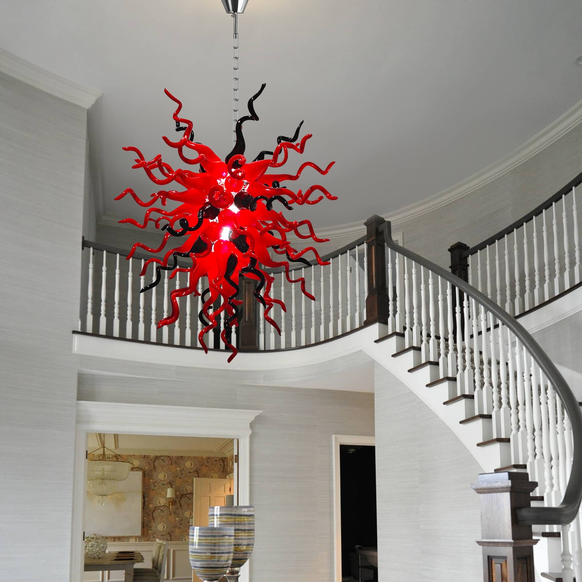 Statement Red & Black Hand-Blown Glass Chandelier Chihuly-Style Sculptural Art Pendant Light