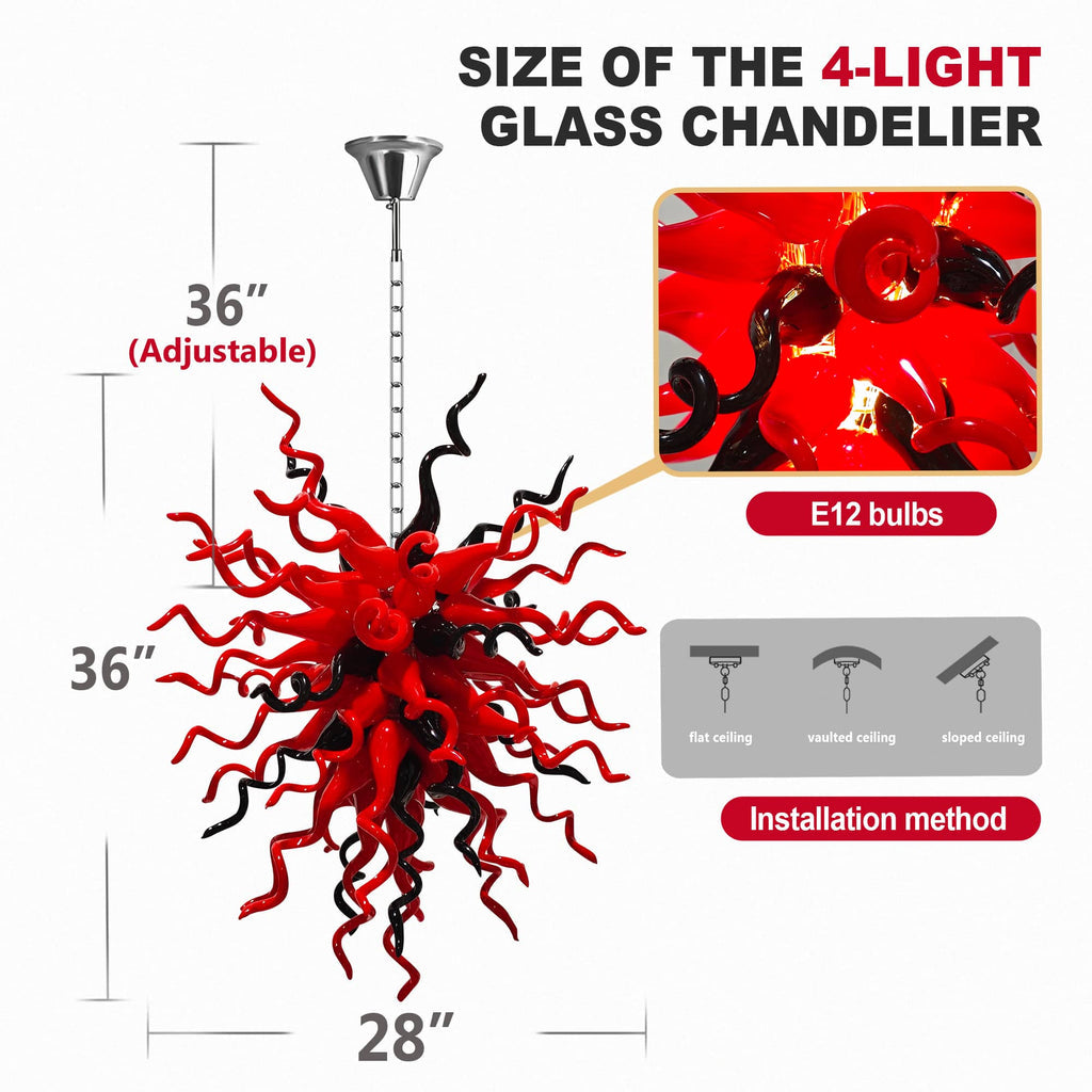Statement Red & Black Hand-Blown Glass Chandelier Chihuly-Style Sculptural Art Pendant Light