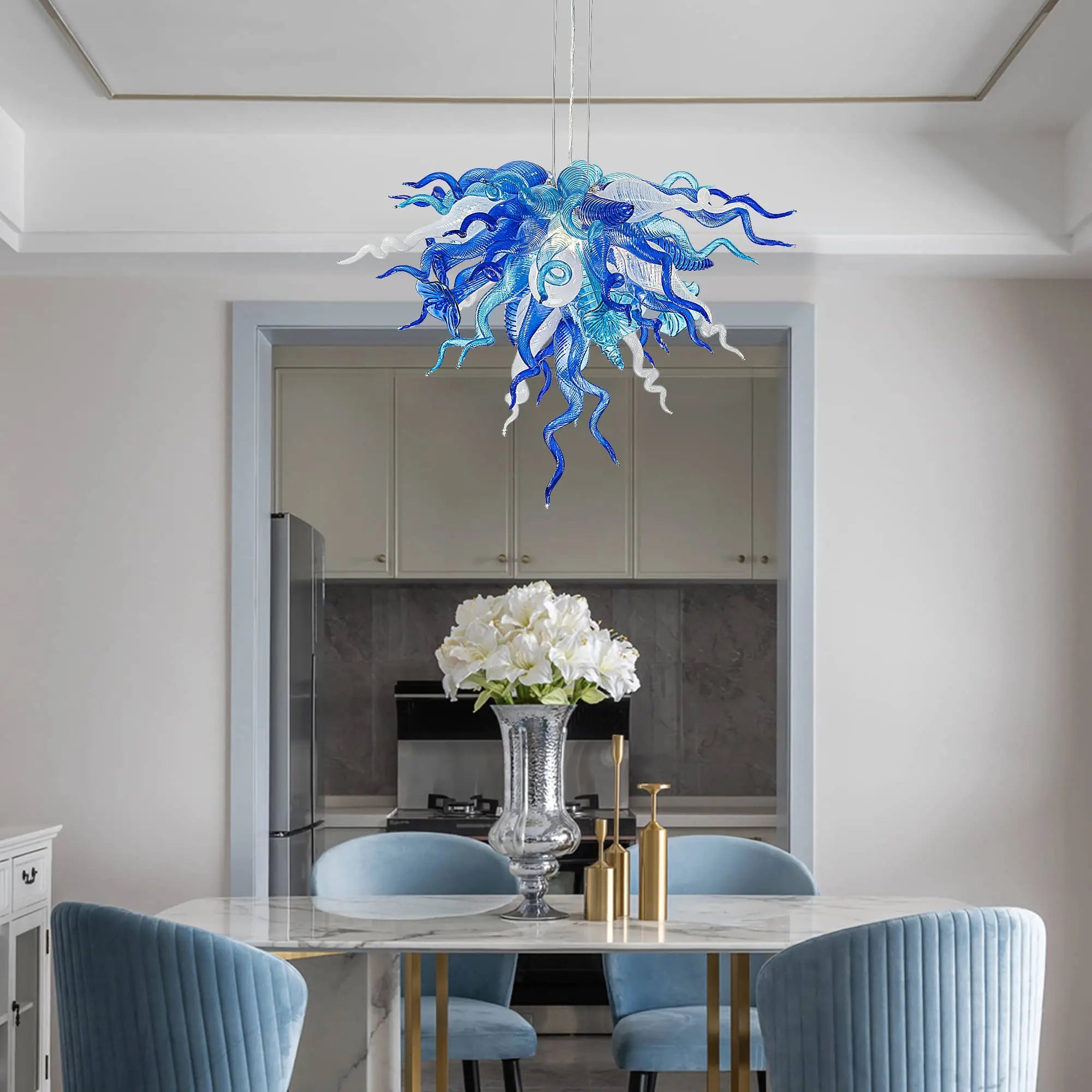 Murano Style Blown Glass Art Chandelier Blue & White Sea Anemone Pendant Light