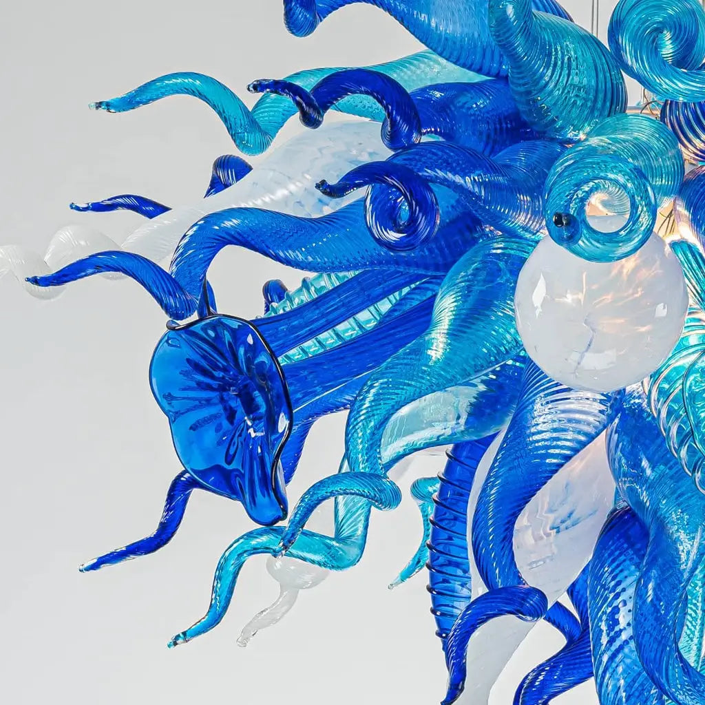 Murano Style Blown Glass Art Chandelier Blue & White Sea Anemone Pendant Light