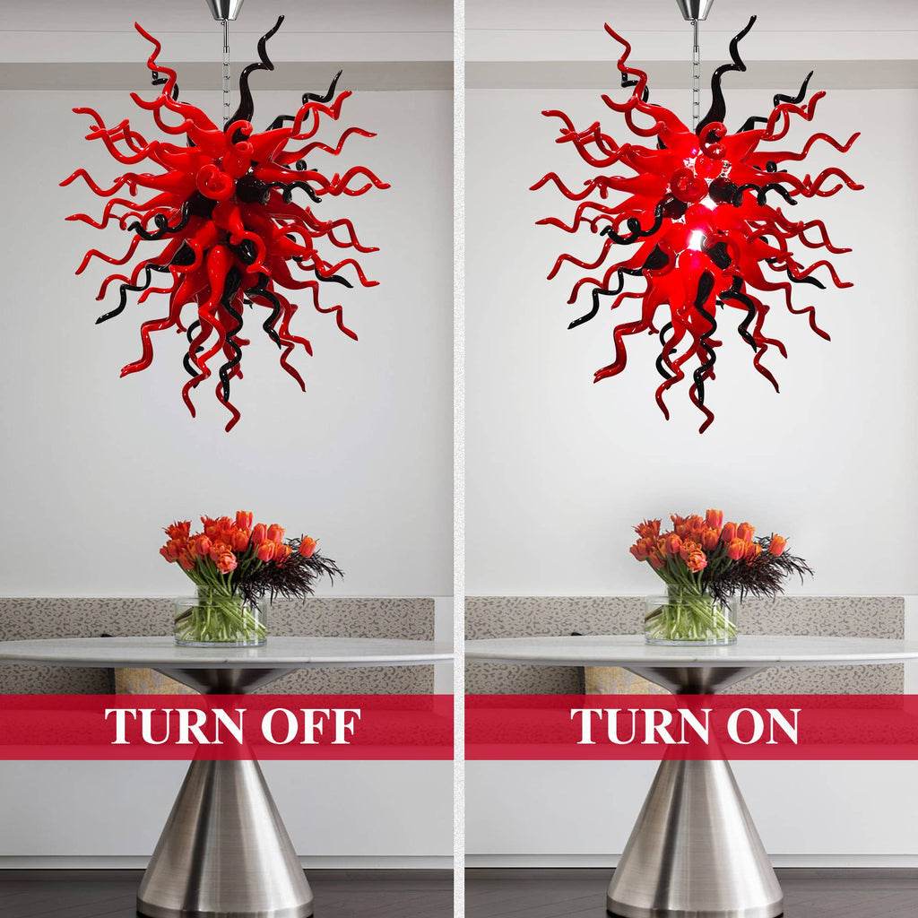 Statement Red & Black Hand-Blown Glass Chandelier Chihuly-Style Sculptural Art Pendant Light