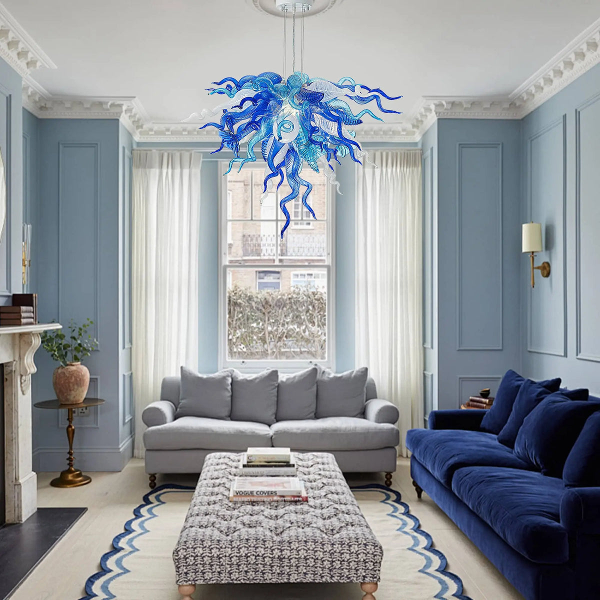 Murano Style Blown Glass Art Chandelier Blue & White Sea Anemone Pendant Light