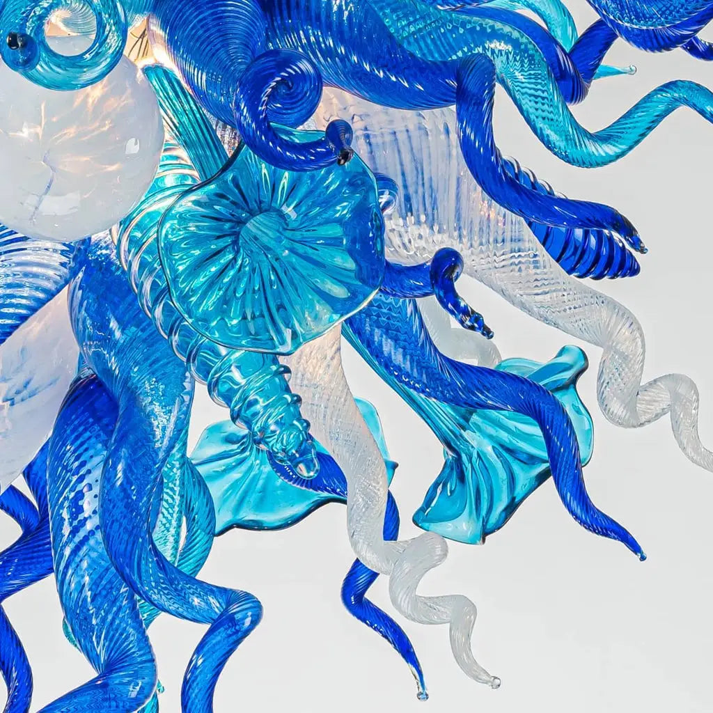 Murano Style Blown Glass Art Chandelier Blue & White Sea Anemone Pendant Light
