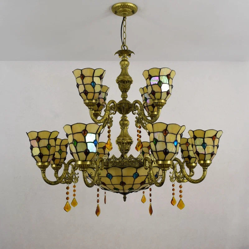 Yellow Tiffany-Style 5-Light Stained Glass Chandelier Vintage Amber Mosaic Glass Chandelier