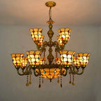 Yellow Tiffany-Style 5-Light Stained Glass Chandelier Vintage Amber Mosaic Glass Chandelier
