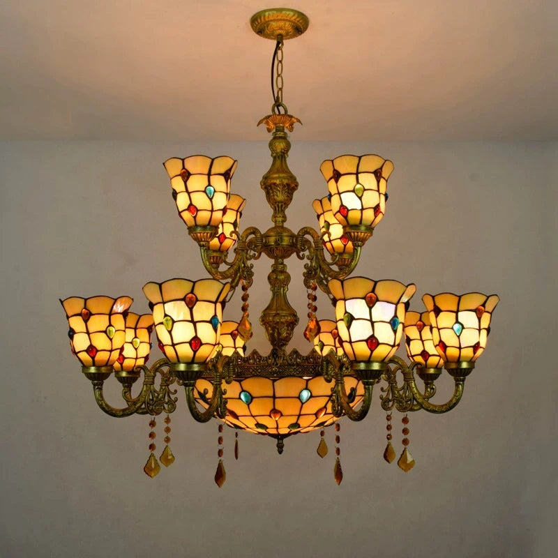 Yellow Tiffany-Style 5-Light Stained Glass Chandelier Vintage Amber Mosaic Glass Chandelier