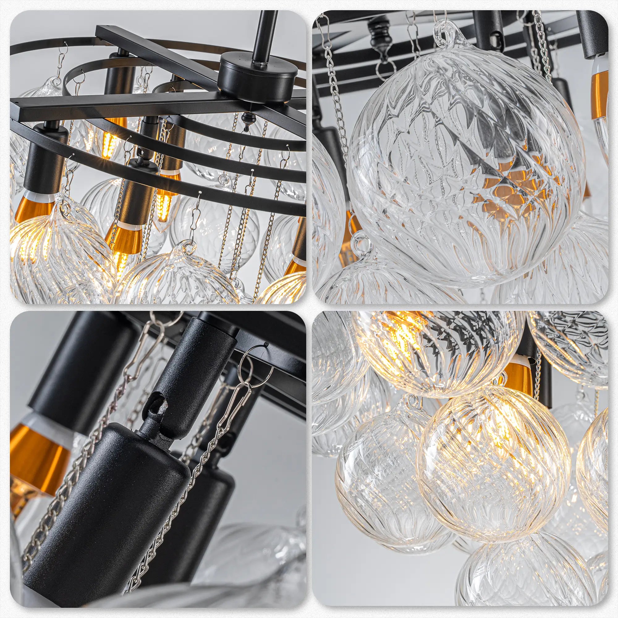 Modern Talia Cloud Bubble Chandelier Hand-Blown Clear Ribbed Glass Globe Cluster Pendant Light