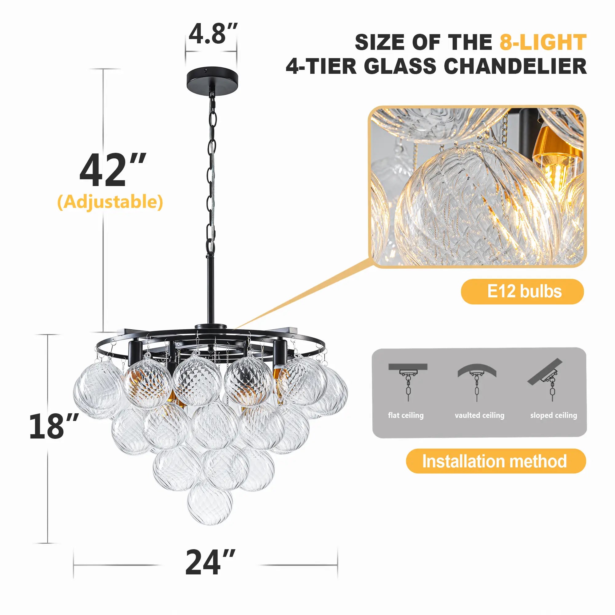 Modern Talia Cloud Bubble Chandelier Hand-Blown Clear Ribbed Glass Globe Cluster Pendant Light