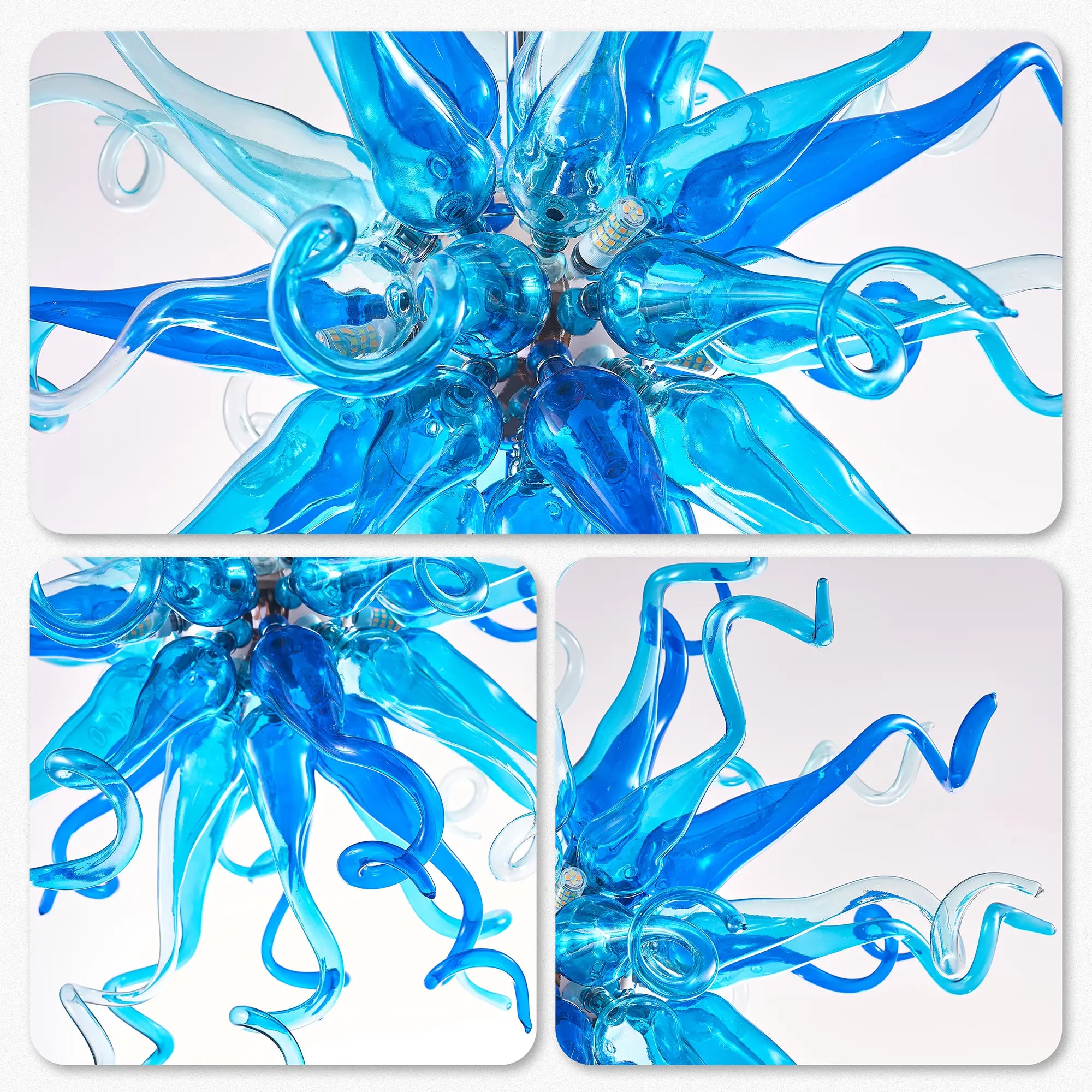 Hand Blown Blue Glass Chandelier Starburst Art Deco Sculptural Ceiling Light for Entryway Dining