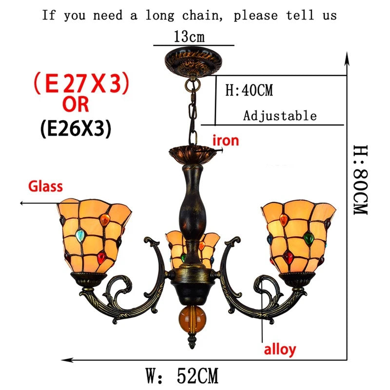 Yellow Tiffany-Style 5-Light Stained Glass Chandelier Vintage Amber Mosaic Glass Chandelier
