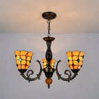 Yellow Tiffany-Style 5-Light Stained Glass Chandelier Vintage Amber Mosaic Glass Chandelier