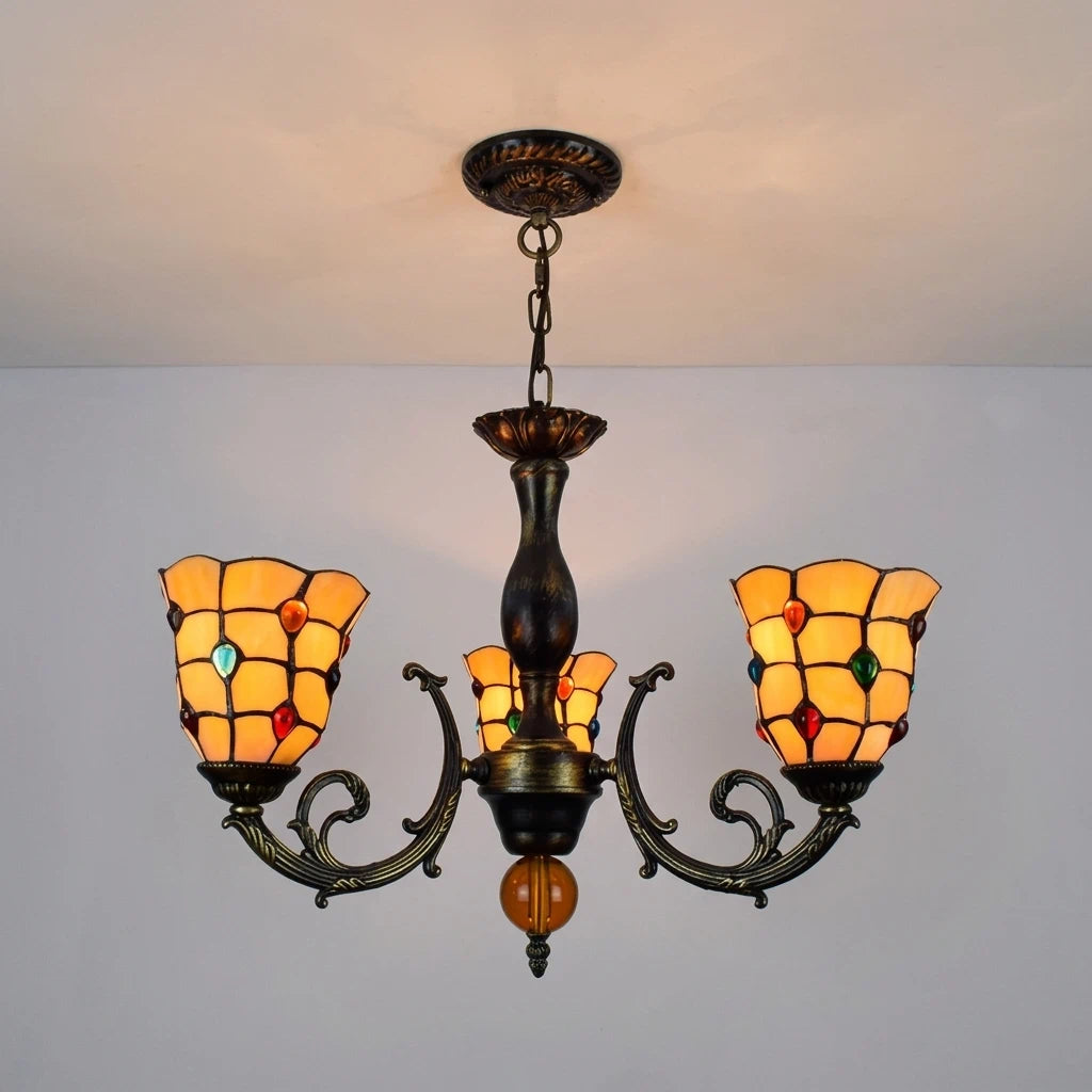 Yellow Tiffany-Style 5-Light Stained Glass Chandelier Vintage Amber Mosaic Glass Chandelier