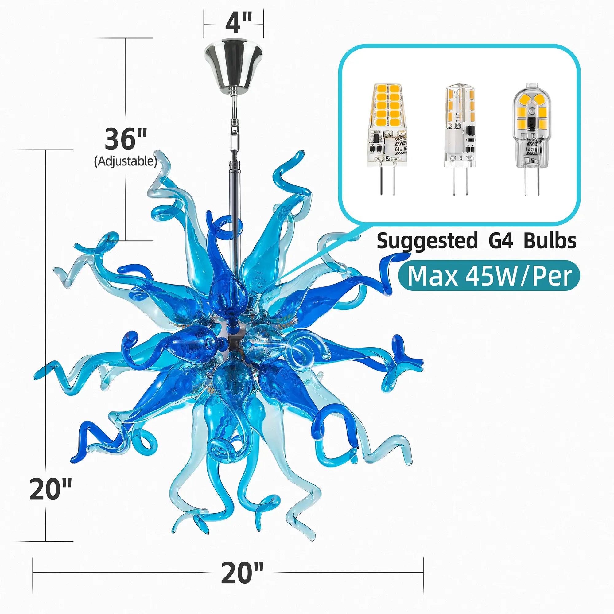 Hand Blown Blue Glass Chandelier Starburst Art Deco Sculptural Ceiling Light for Entryway Dining