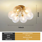 Modern Brass Six-Light Semi Flush Mount Ceiling Light with Clear Ribbed Glass Globe Bubbles