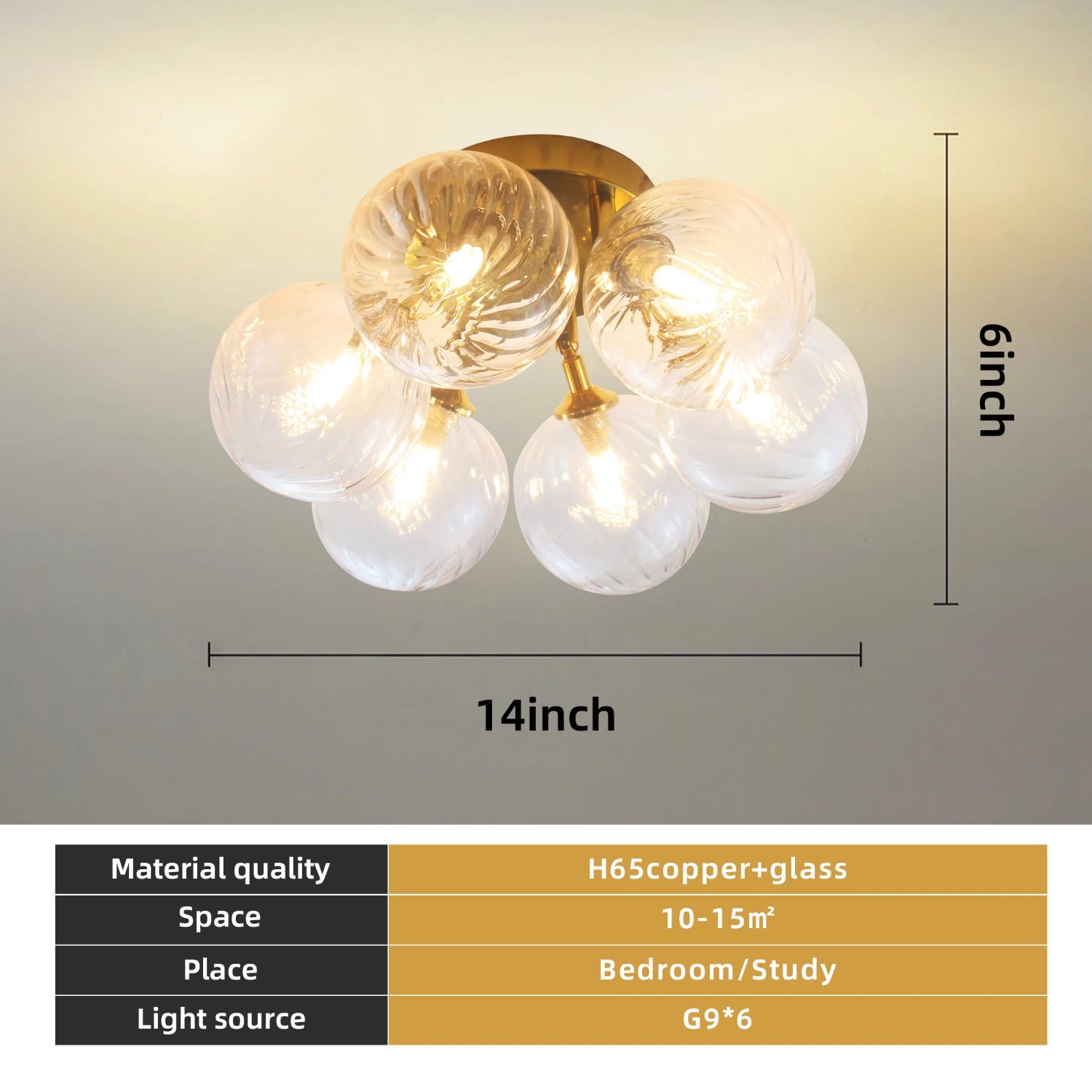 Modern Brass Six-Light Semi Flush Mount Ceiling Light with Clear Ribbed Glass Globe Bubbles