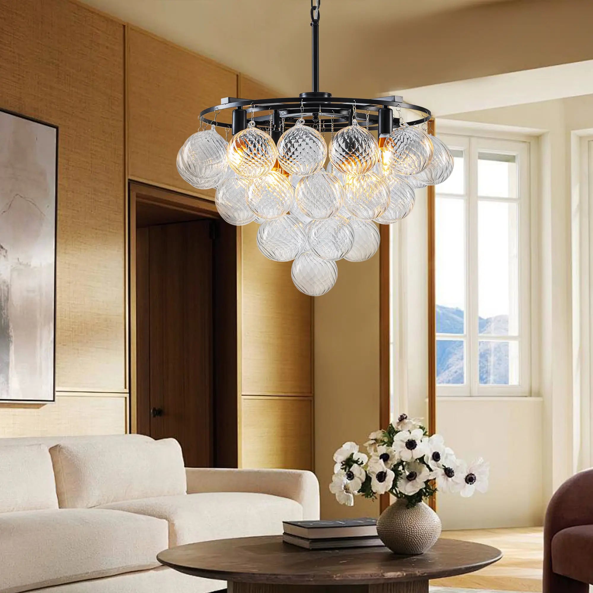 Modern Talia Cloud Bubble Chandelier Hand-Blown Clear Ribbed Glass Globe Cluster Pendant Light