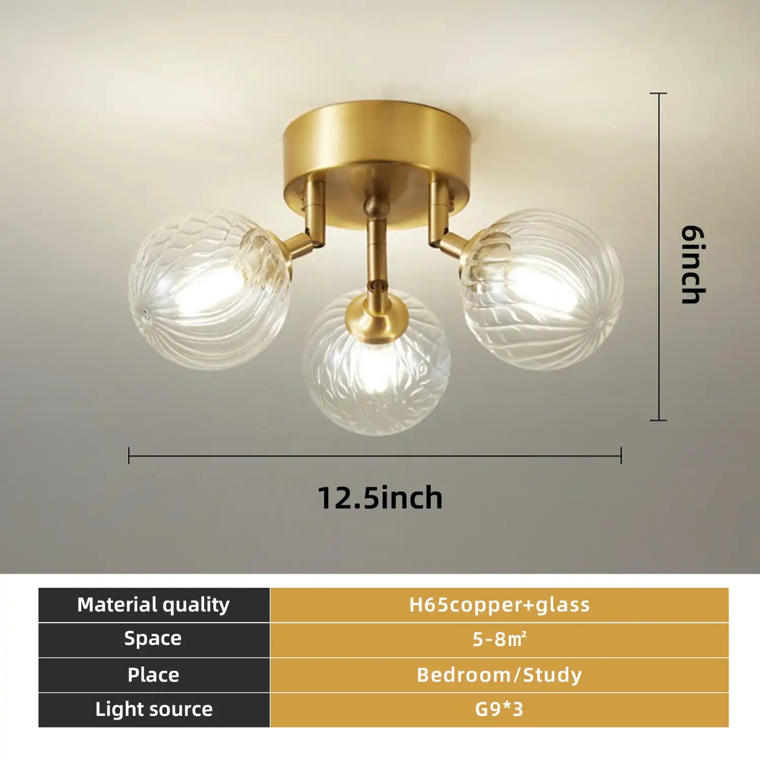 Modern Brass Semi Flush Mount 3-Header Ceiling Light with Clear Ribbed Glass Globe Bubbles