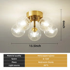 Modern Brass Five-Light Semi Flush Mount Ceiling Light with Clear Ribbed Glass Globe Bubbles