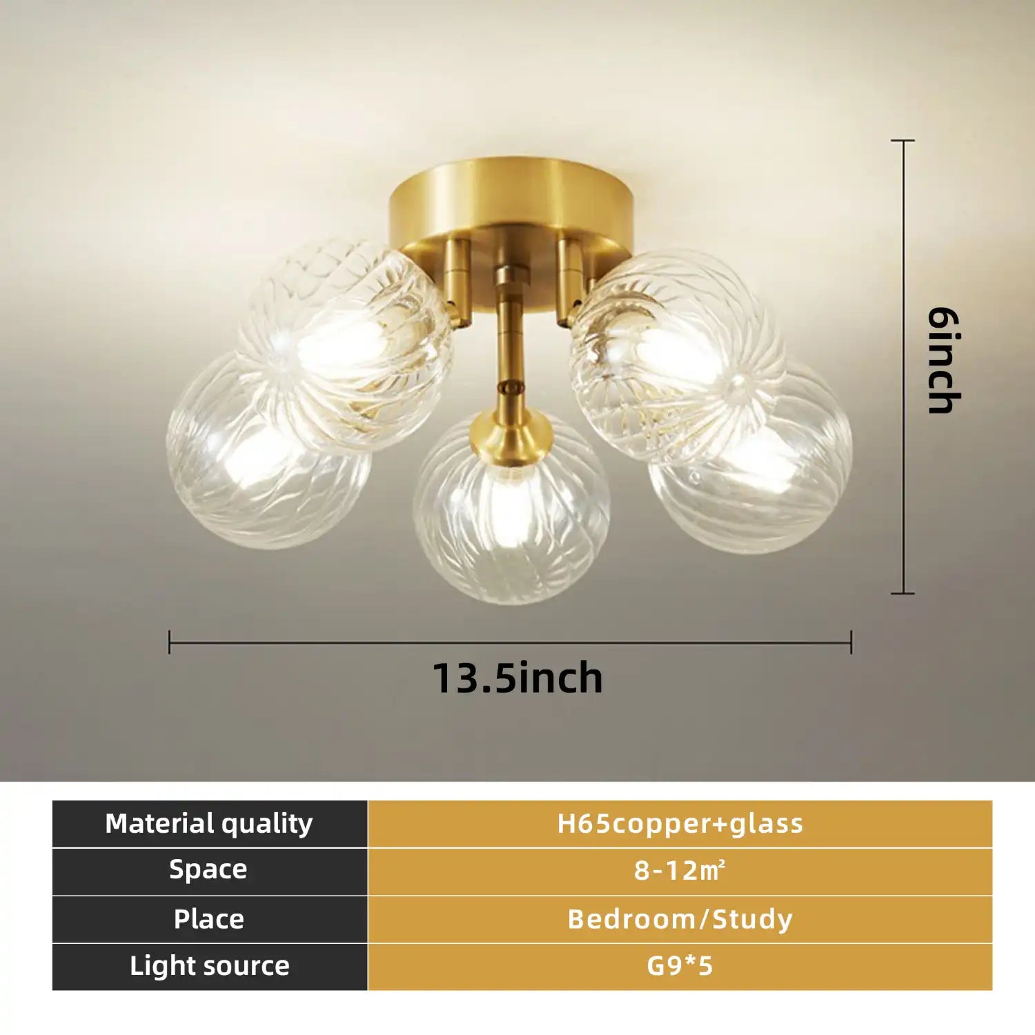 Modern Brass Five-Light Semi Flush Mount Ceiling Light with Clear Ribbed Glass Globe Bubbles