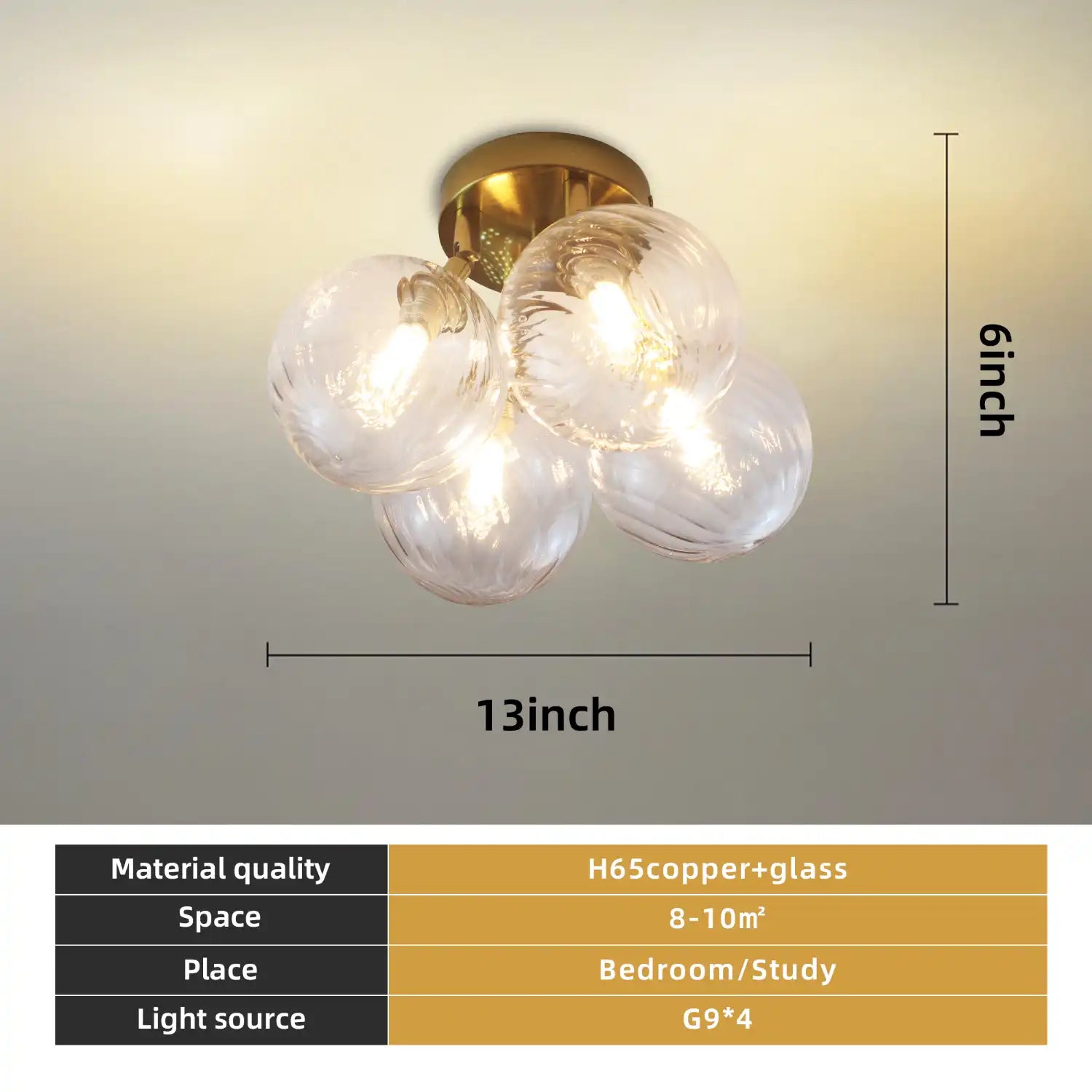 Modern Brass Four-Light Semi Flush Mount Ceiling Light with Clear Ribbed Glass Globe Bubbles