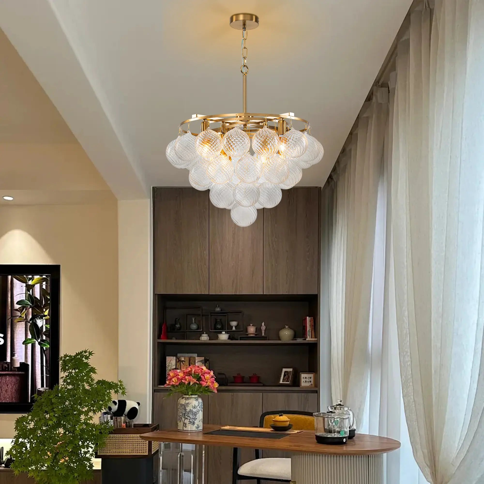 Modern Talia Cloud Bubble Chandelier Hand-Blown Clear Ribbed Glass Globe Cluster Pendant Light