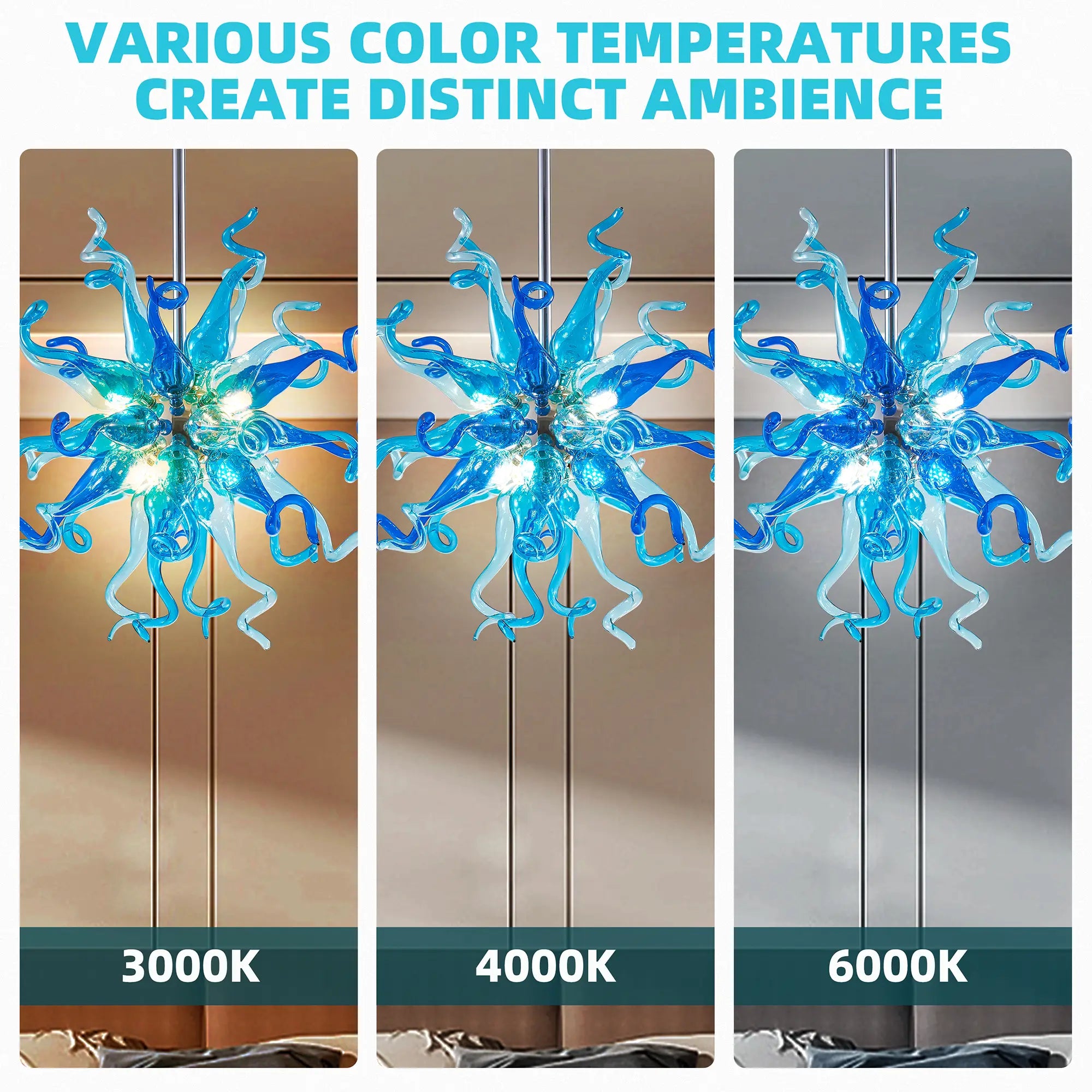 Hand Blown Blue Glass Chandelier Starburst Art Deco Sculptural Ceiling Light for Entryway Dining