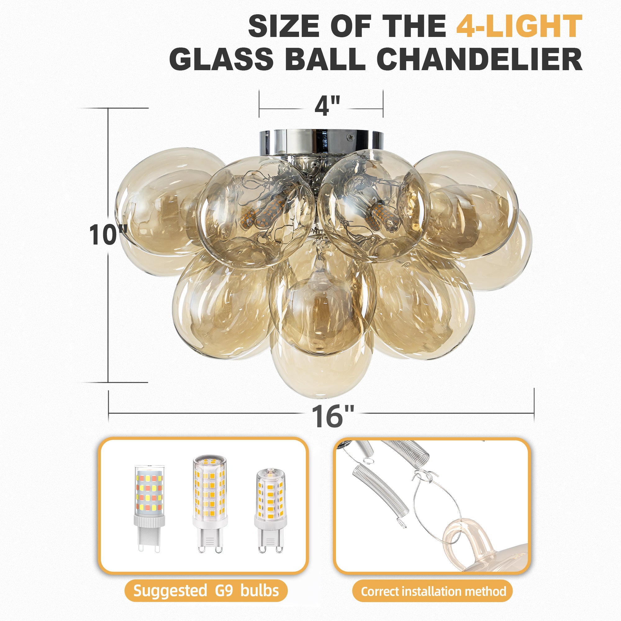 Modern Semi Flush Blown Glass Chandelier Amber Bubble Cluster Ceiling Light For Living Room Bedroom