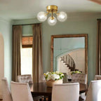 Modern Brass Semi Flush Mount 3-Header Ceiling Light with Clear Ribbed Glass Globe Bubbles