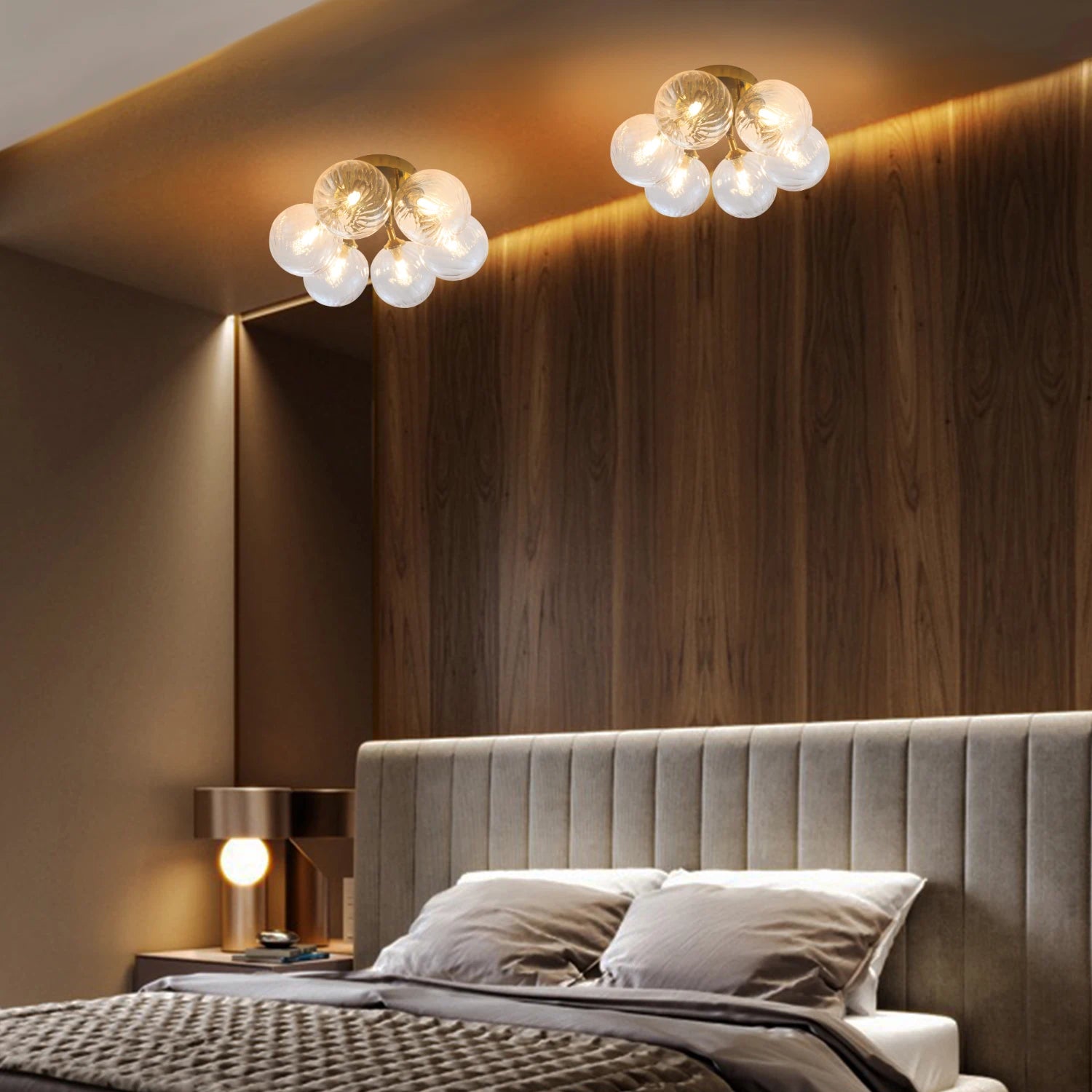 Modern Brass Six-Light Semi Flush Mount Ceiling Light with Clear Ribbed Glass Globe Bubbles