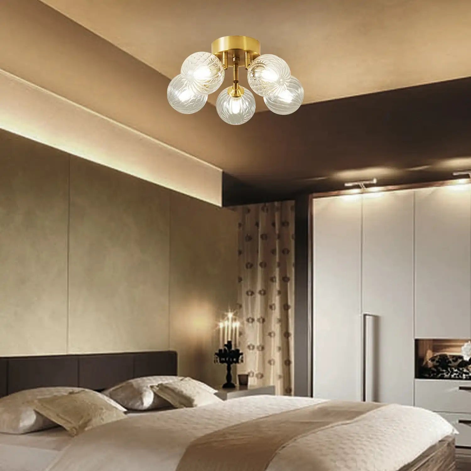 Modern Brass Five-Light Semi Flush Mount Ceiling Light with Clear Ribbed Glass Globe Bubbles