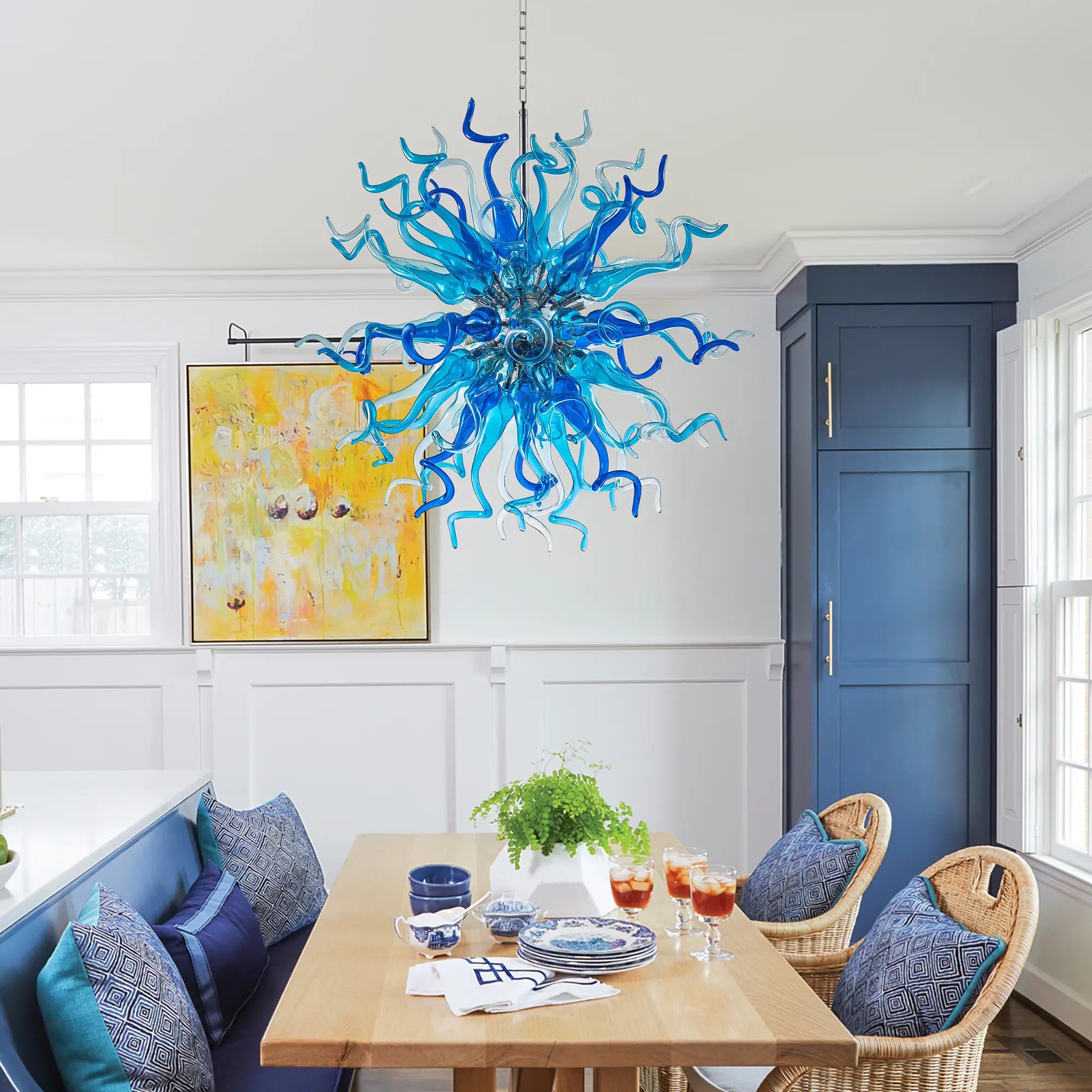Hand Blown Blue Glass Chandelier Starburst Art Deco Sculptural Ceiling Light for Entryway Dining