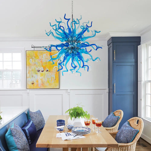 Hand Blown Blue Glass Chandelier Starburst Art Deco Sculptural Ceiling Light for Entryway Dining