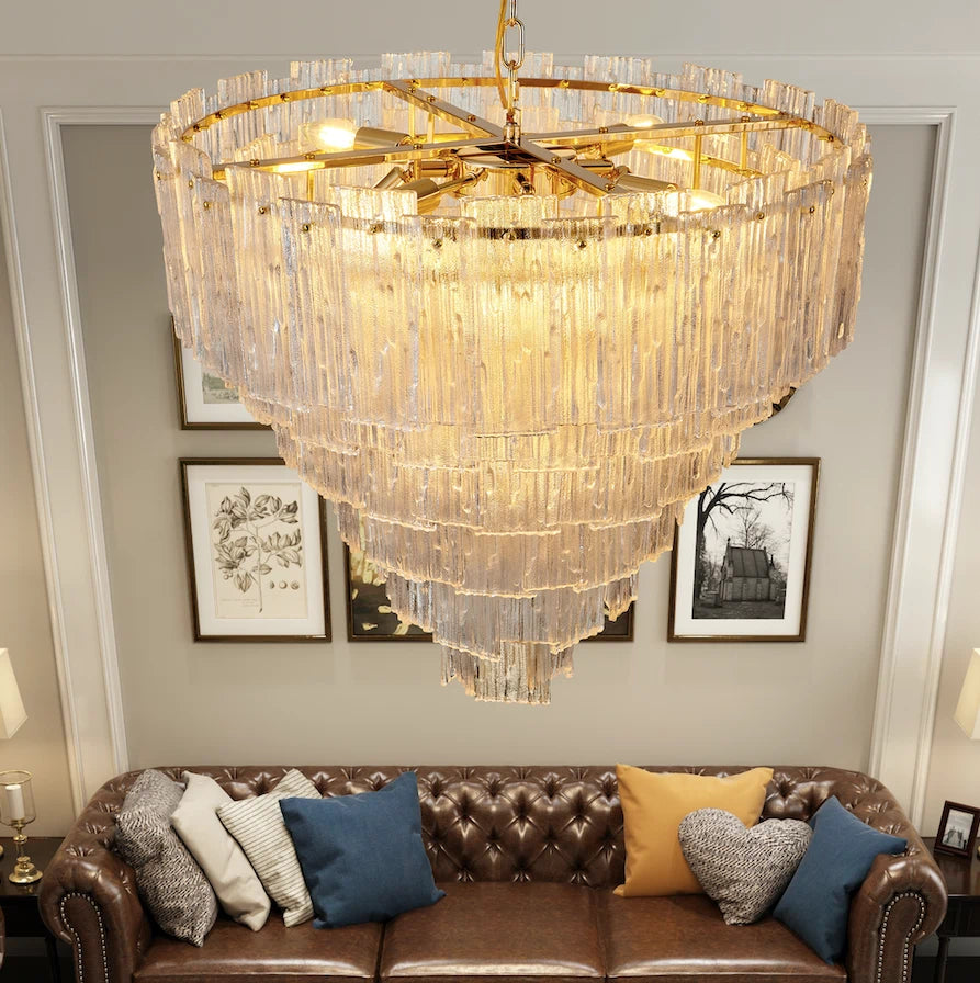 Modern Round Murano-Style Tiered Glass Chandelier Luxury Rectangular Clear Glass Slide Pendant Light