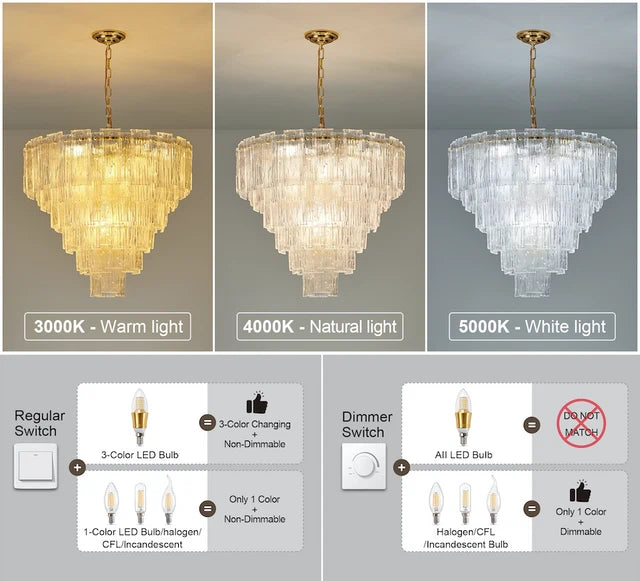 Modern Round Murano-Style Tiered Glass Chandelier Luxury Rectangular Clear Glass Slide Pendant Light