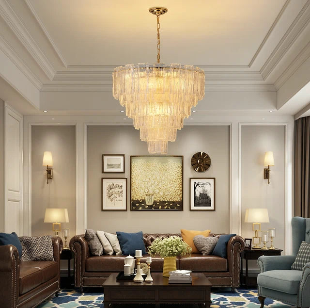 Modern Round Murano-Style Tiered Glass Chandelier Luxury Rectangular Clear Glass Slide Pendant Light