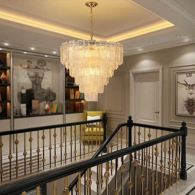 Modern Round Murano-Style Tiered Glass Chandelier Luxury Rectangular Clear Glass Slide Pendant Light
