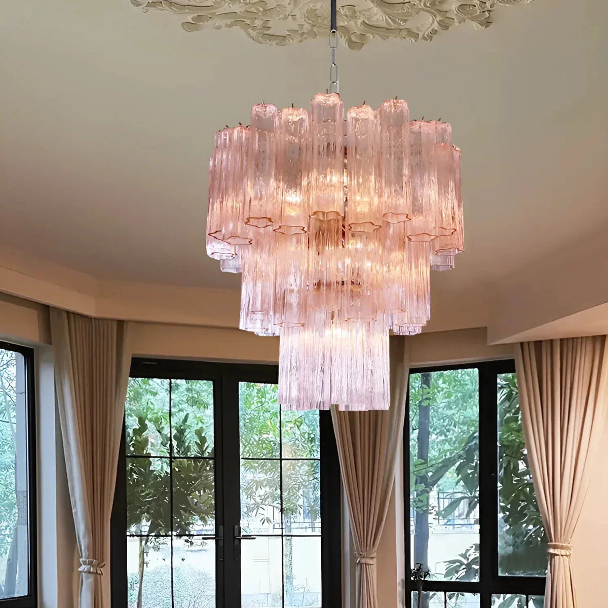 Madeleine Pink Murano-Style Tiered Glass Tube Chandelier Elegant Modern Luxury Pendant Light