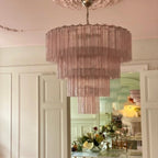 Madeleine Kaskaden-Kronleuchter aus pinkfarbenen Glasröhren im Murano-Stil, moderner abgestufter Pendelleuchter