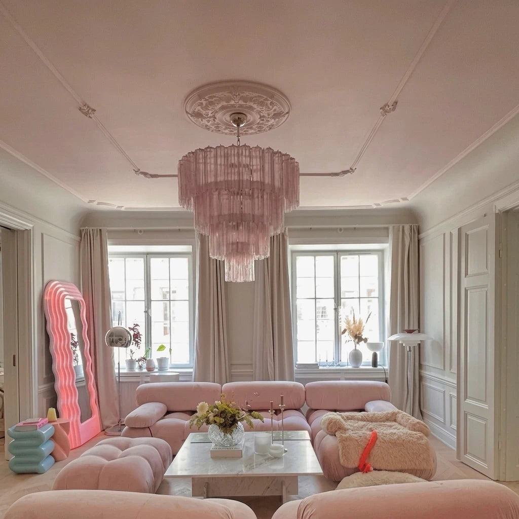 Madeleine Kaskaden-Kronleuchter aus pinkfarbenen Glasröhren im Murano-Stil, moderner abgestufter Pendelleuchter