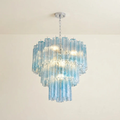 Madeleine Blue Murano-Style Cascading Glass Tube Chandelier Coastal Ocean Tiered Pendant Light