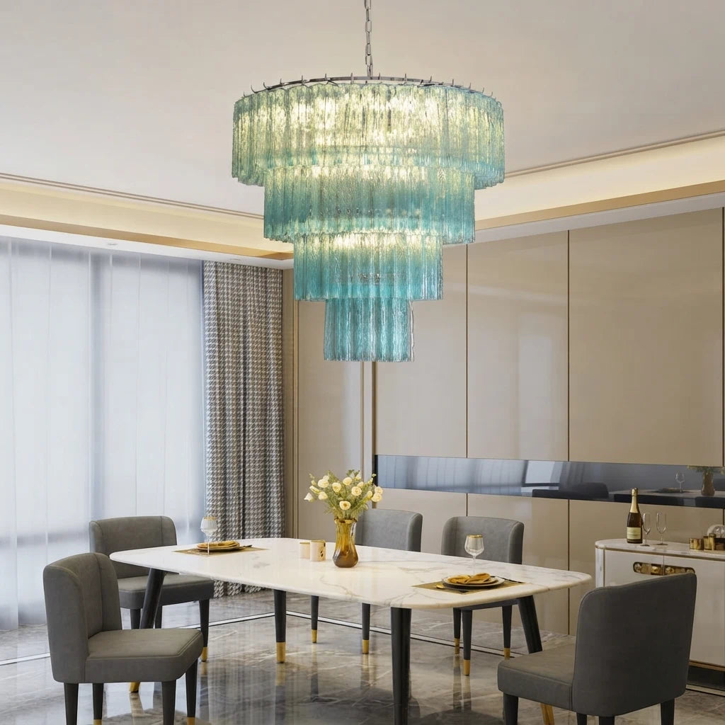 Madeleine Blue Murano-Style Cascading Glass Tube Chandelier Coastal Ocean Tiered Pendant Light