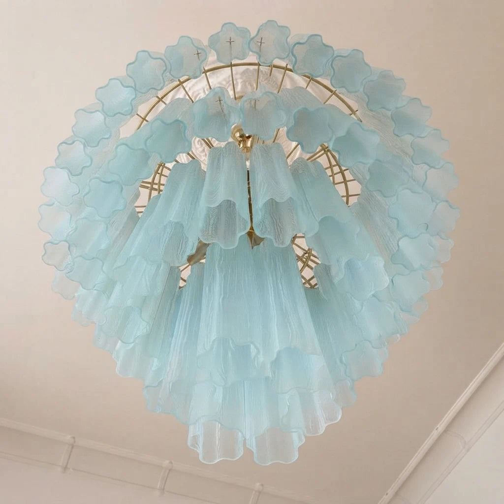 Madeleine Blue Murano-Style Cascading Glass Tube Chandelier Coastal Ocean Tiered Pendant Light