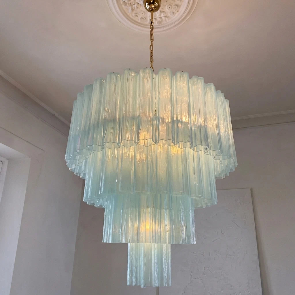 Madeleine Blue Murano-Style Cascading Glass Tube Chandelier Coastal Ocean Tiered Pendant Light