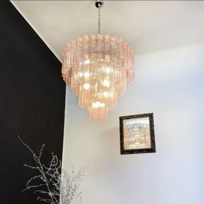 Madeleine Pink Murano-Style Cascading Glass Tube Chandelier Modern Tiered Pendant Light