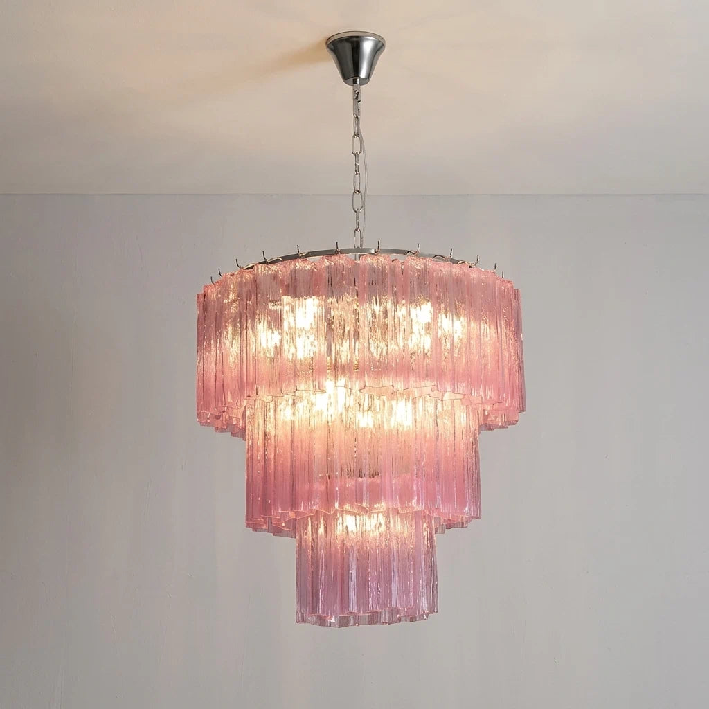 Madeleine Pink Murano-Style Cascading Glass Tube Chandelier Modern Tiered Pendant Light