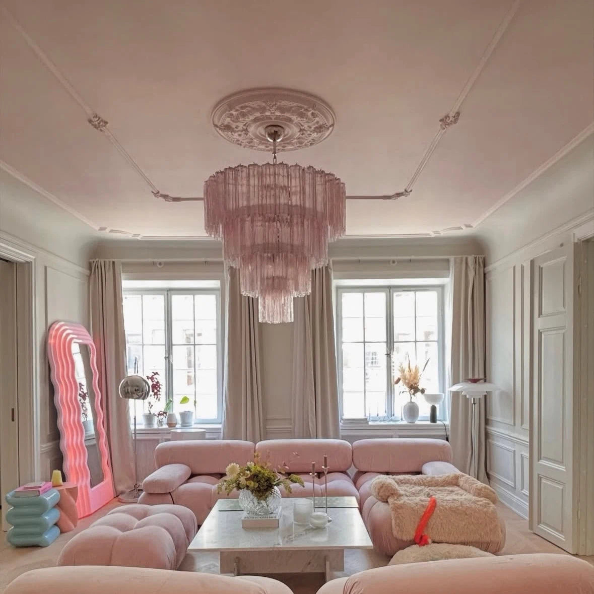 Madeleine Pink Murano-Style Cascading Glass Tube Chandelier Modern Tiered Pendant Light