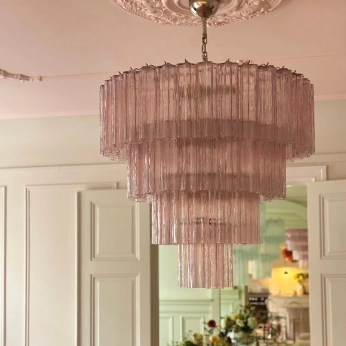 Madeleine Pink Murano-Style Cascading Glass Tube Chandelier Modern Tiered Pendant Light