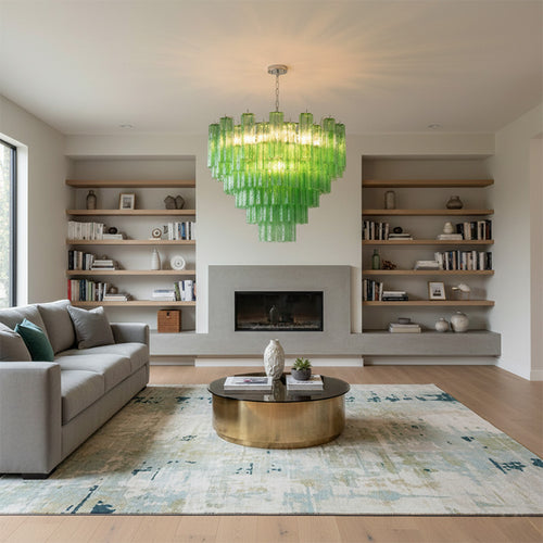 Green Murano-Style Tiered Glass Tube Chandelier Modern Artistic Statement Cascading Pendant Light